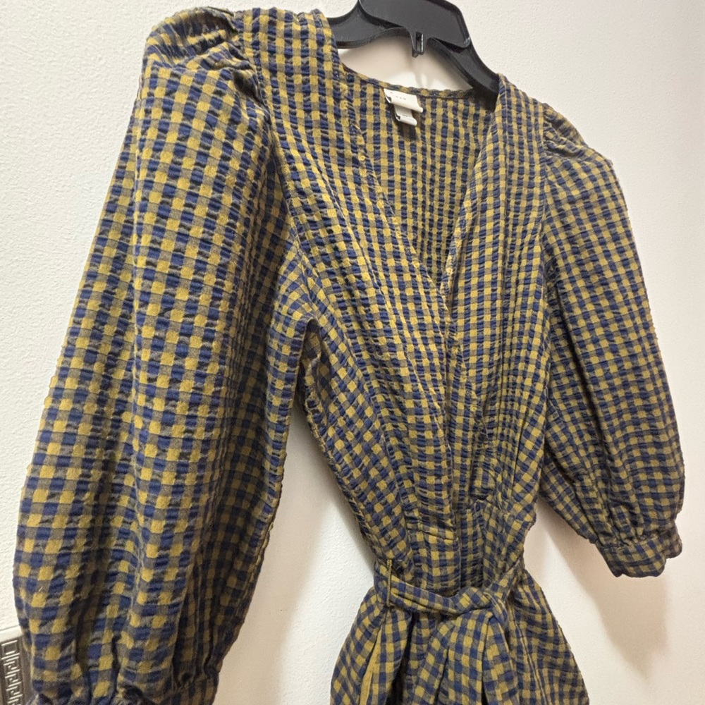 Plaid V-Neck Dress with Puff Sleeves